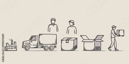 Hand drawn sketch of logistics and delivery process with truck and people