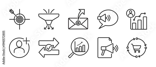 Digital Marketing Strategy Line Icon Set, digital marketing strategy line icons including target goal, marketing funnel, email campaign, audience growth, promotion message, analytics chart, and so on