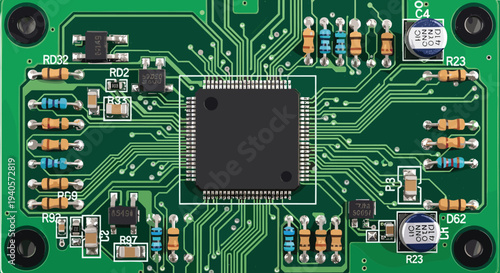 Electronic circuit board, microcontroller chip processor, printed circuit board technology, semiconductor components, digital hardware engineering illustration isolated design