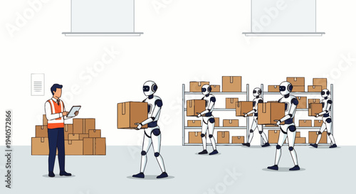 Flat vector illustration depicting an AI robot carrying cardboard boxes inside a modern warehouse, supervised by a human holding a tablet. Industrial automation, logistics, and distribution with AI