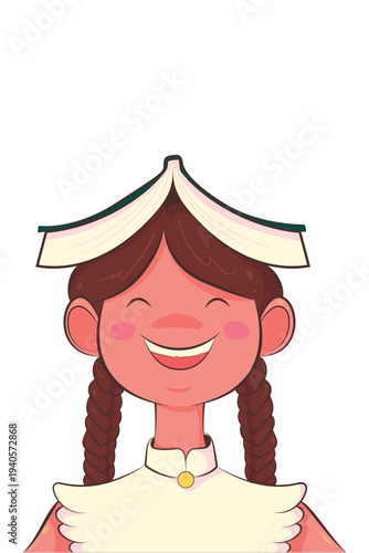 A happy smiling school girl character with braided hair wearing a book as a hat. Perfect for literacy campaigns, world book day, and creative education concepts for children.