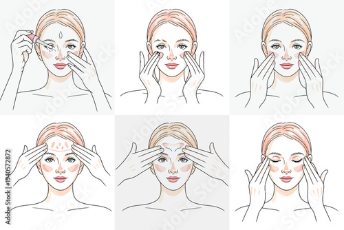 Woman performing facial massage steps for skincare and beauty