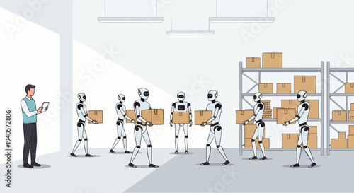 Flat vector illustration depicting an AI robot carrying cardboard boxes inside a modern warehouse, supervised by a human holding a tablet. Industrial automation, logistics, and distribution with AI