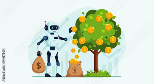 Flat vector illustration depicts an AI Robot harvesting dollar coins from a tree, symbolizing artificial intelligence generating revenue, profit automation, and intelligent digital finance.