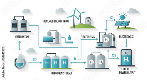 A vector graphic illustrating the process of hydrogen fuel cell power generation using renewable energy sources