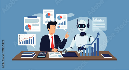 Flat vector illustration of AI robot and businessman working together analyzing business data on a desk. Collaboration between humans and AI in modern business analytics.