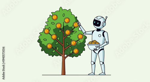 Flat vector illustration depicts an AI Robot harvesting dollar coins from a tree, symbolizing artificial intelligence generating revenue, profit automation, and intelligent digital finance.