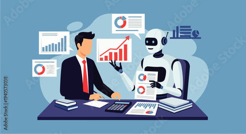 Flat vector illustration of AI robot and businessman working together analyzing business data on a desk. Collaboration between humans and AI in modern business analytics.