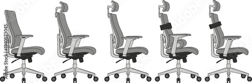 ergonomic office chair set illustration, adjustable workspace seating collection, modern swivel desk chair design, ergonomic workplace furniture concept