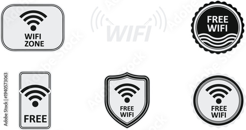 Free WiFi zone icons, wireless internet symbols, connectivity badge design, hotspot vector illustration, modern communication label, public access network sign