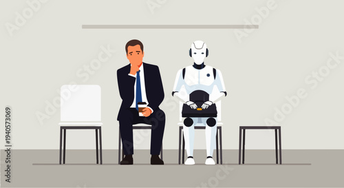 Flat vector illustration depicting an anxious-looking worker and a humanoid AI robot sitting and waiting for a job interview. The concept of job competition between humans and AI robots.