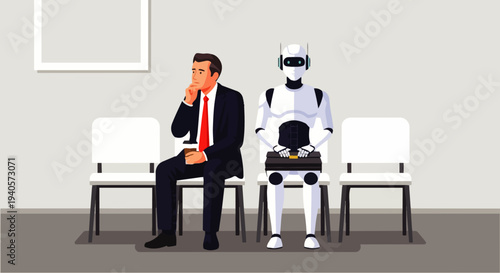 Flat vector illustration depicting an anxious-looking worker and a humanoid AI robot sitting and waiting for a job interview. The concept of job competition between humans and AI robots.
