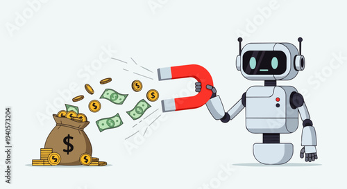 Flat vector illustration depicts an AI Robot picking up money bags and dollar coins with a magnet, symbolizing artificial intelligence attracting income, profit automation, and smart digital finance.