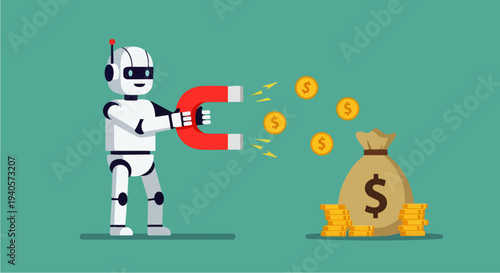 Flat vector illustration depicts an AI Robot picking up money bags and dollar coins with a magnet, symbolizing artificial intelligence attracting income, profit automation, and smart digital finance.