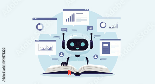 Flat vector illustration of an AI chatbot robot reading and analyzing a book. It helps students learn and summarize information. A modern educational technology concept with a clean, minimalist design