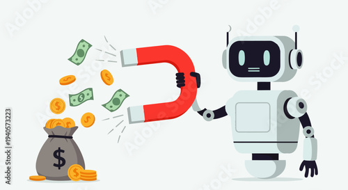 Flat vector illustration depicts an AI Robot picking up money bags and dollar coins with a magnet, symbolizing artificial intelligence attracting income, profit automation, and smart digital finance.
