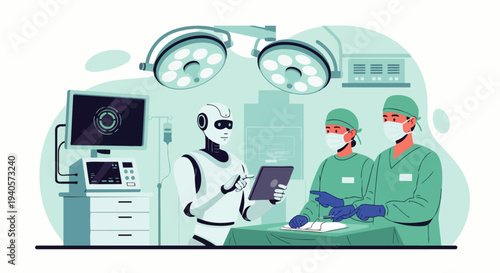 Flat vector illustration of an AI robot assisting professional surgeons in a modern hospital. Medical technology for precise and minimally invasive surgery with the help of artificial intelligence.