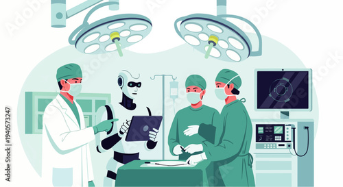 Flat vector illustration of an AI robot assisting professional surgeons in a modern hospital. Medical technology for precise and minimally invasive surgery with the help of artificial intelligence.