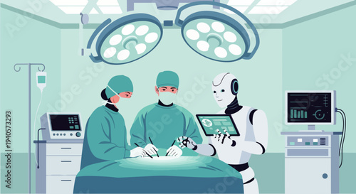 Flat vector illustration of an AI robot assisting professional surgeons in a modern hospital. Medical technology for precise and minimally invasive surgery with the help of artificial intelligence.