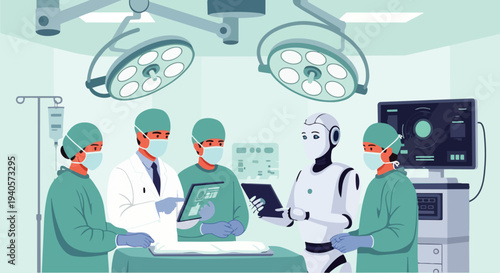 Flat vector illustration of an AI robot assisting professional surgeons in a modern hospital. Medical technology for precise and minimally invasive surgery with the help of artificial intelligence.