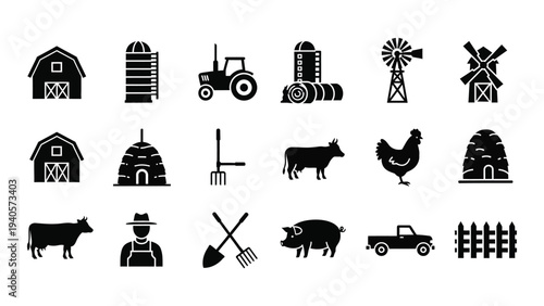Black and white farm icons on transparent background