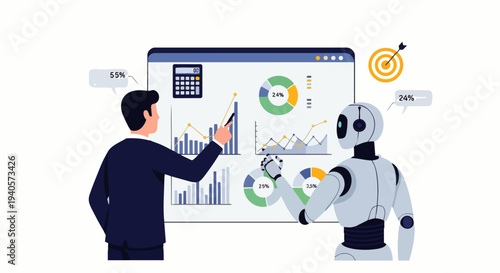 Flat vector illustration of a male business professional and an AI robot presenting financial data and market analysis on a computer screen. Human-AI robot collaboration in finance and investment.