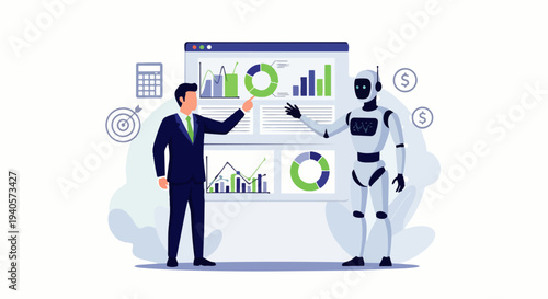 Flat vector illustration of a male business professional and an AI robot presenting financial data and market analysis on a computer screen. Human-AI robot collaboration in finance and investment.