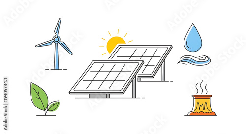 A vector graphic illustration of renewable energy sources including solar panels, wind turbine, and eco-friendly symbols.