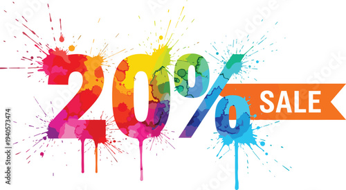 Colorful 20 percent sale banner with paint splashes, creative discount promotion typography design, vibrant marketing vector illustration for shopping advertisement
