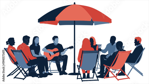 Diverse Group Gathering Under Large Umbrella, Flat Vector Silhouette Illustration of Friends Socializing and Music Outdoors Concept