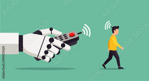Flat vector illustration depicting a walking male cartoon character, appearing as a robot remotely controlled by an AI humanoid robot. Suitable for control and intimidation by artificial intelligence.