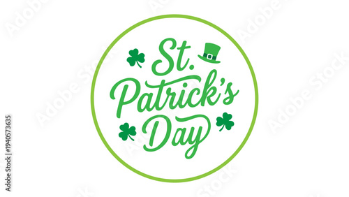 A festive circular graphic displaying st patrick s day with clover and hat elements