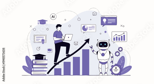Flat vector illustration of a student or college student standing on an education growth chart with an upward arrow and an ai robot as his assistant, symbolizing artificial intelligence in education