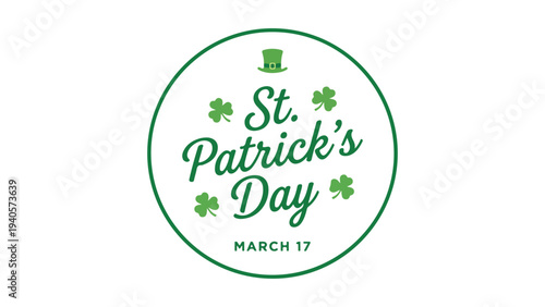 A circular graphic celebrating st patrick s day with shamrocks and a leprechaun hat