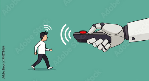 Flat vector illustration depicting a walking male cartoon character, appearing as a robot remotely controlled by an AI humanoid robot. Suitable for control and intimidation by artificial intelligence.