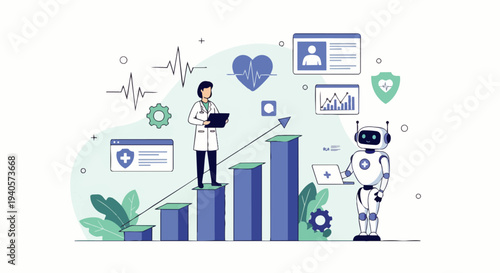Flat vector illustration of a doctor on a healthcare growth chart with an upward arrow and an AI robot, symbolizing medical technology, artificial intelligence in healthcare, healthcare advancement.