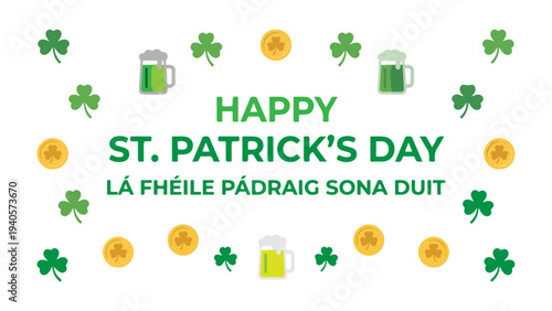 Happy St. Patrick's Day greeting with shamrocks, gold coins, and beer mugs, flat design vector illustration isolated background