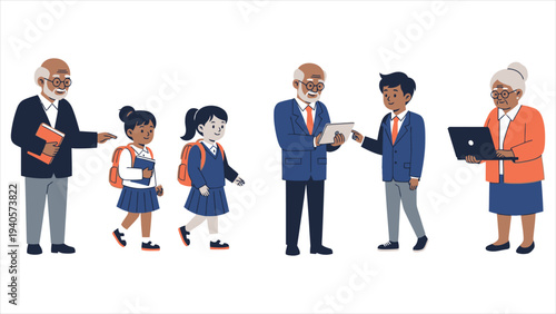Diverse Mentorship and Education Set, Flat Vector Illustration of Seniors and Youth Learning Together in School and Business Concept