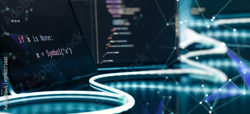 Futuristic AI Coding Workspace with Python Code on Screen, Neon Desk Lighting and Digital Network Overlay