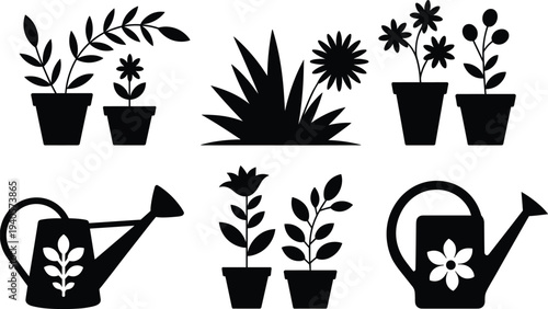 Potted plants and watering can silhouette icons, home gardening tools collection, decorative houseplant elements, vector illustration design