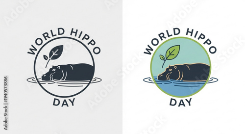 World hippo day logos featuring hippos in water with leaves simple design monochrome and colorful variations eco friendly theme conservation