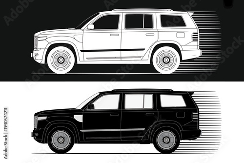 Detailed illustration of white and black SUVs side view in motion graphics style  transportation concept
