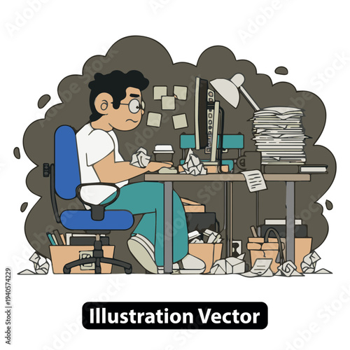 Man sitting at a cluttered desk, working on a computer amidst papers and office supplies in a chaotic workspace environment