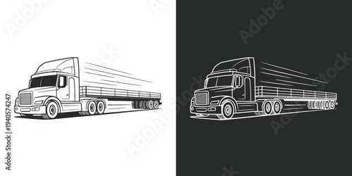 Semitrucktrailer illustration on white and dark backgrounds  speeding vehicle