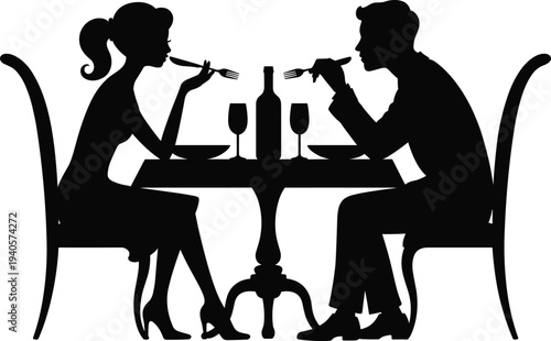 Romantic couple dinner silhouette at restaurant table, man and woman dating with wine, love relationship evening illustration vector design