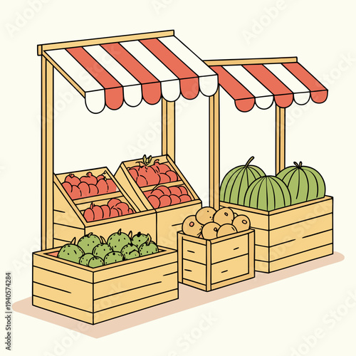 Fresh Produce Market Stalls: Variety of Fruits and Vegetables Displayed