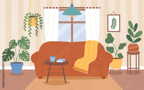 Cozy living room interior with plants and comfortable furniture at home  relaxation space