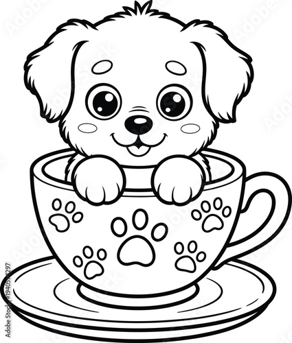 Cute puppy sitting inside teacup with paw prints, adorable cartoon dog illustration, kawaii pet character coloring page style vector, playful animal design