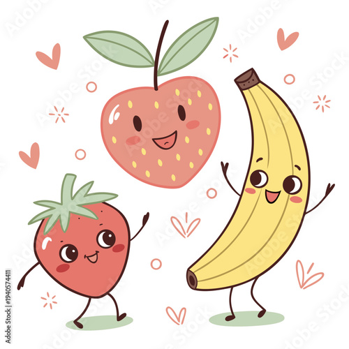 Joyful cartoon strawberry, banana, and heart-shaped strawberry characters dancing