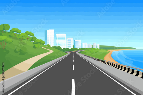 Road stretching to city skyline by the ocean with trees on green hillside